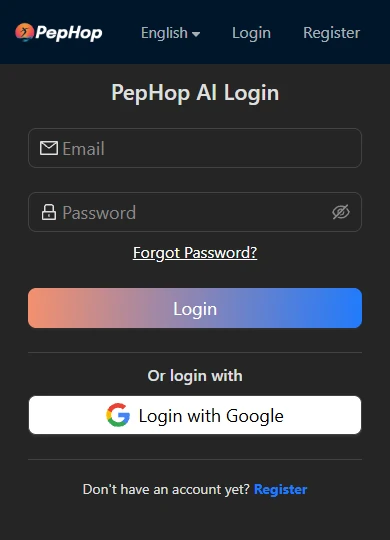 Pephop mobile sign-in screen public interface view